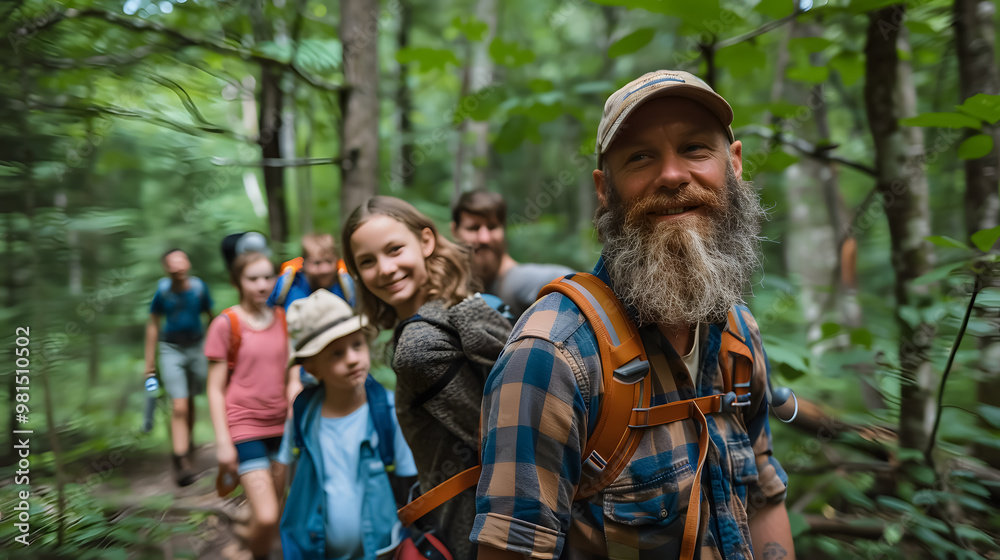 Portrait of family with friends on a hiking adventure in the forest Portrait of family with friends on a hiking adventure in the forest