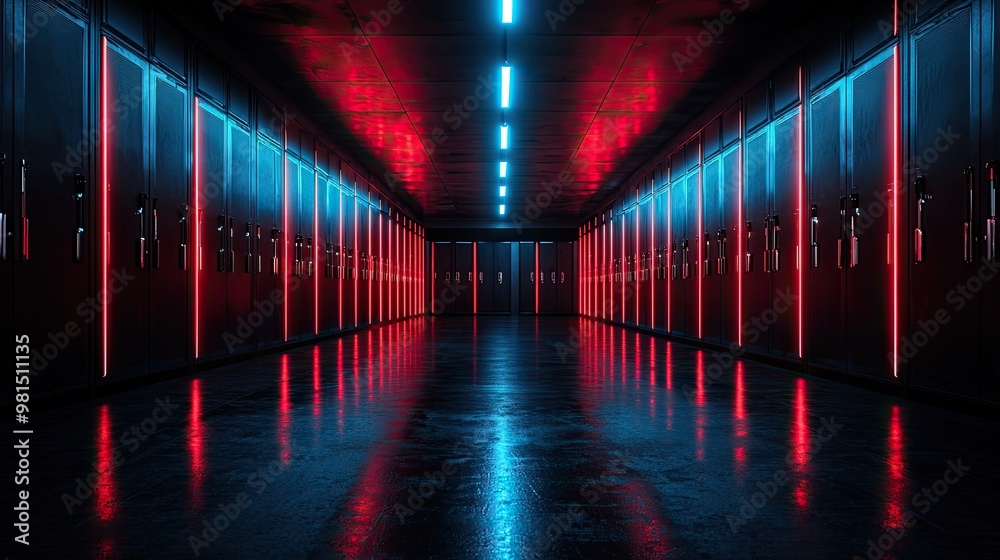 A futuristic corridor illuminated by vibrant red and blue lights, creating a dramatic atmosphere in a modern space. A futuristic corridor illuminated by vibrant red and blue lights, creating a dramatic atmosphere in a modern space.