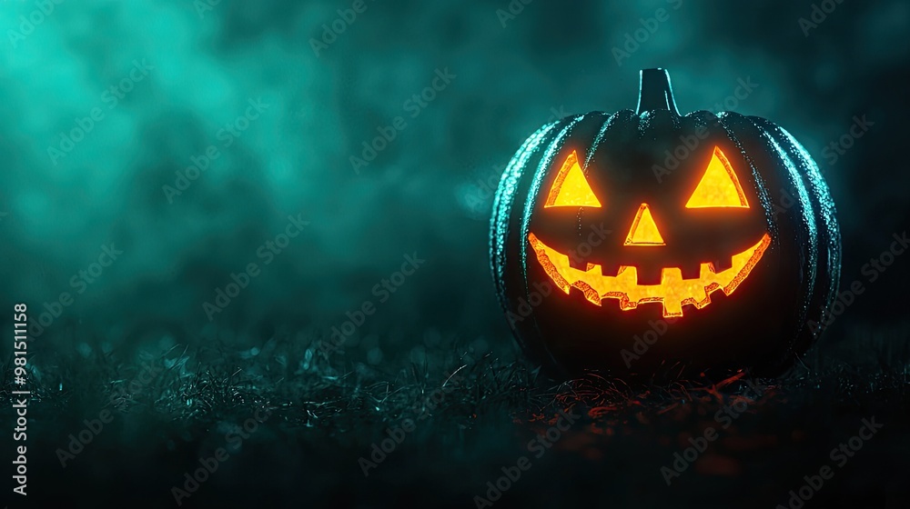 A glowing pumpkin with a spooky smile sits in fog, embodying the essence of Halloween night and festive decorations. A glowing pumpkin with a spooky smile sits in fog, embodying the essence of Halloween night and festive decorations.