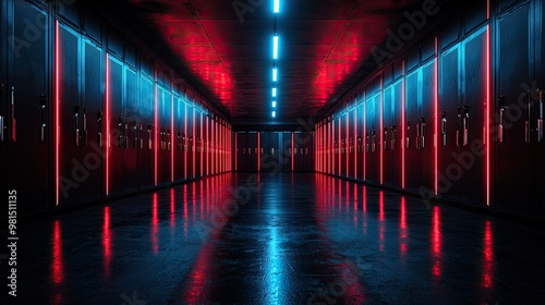 A futuristic corridor illuminated by vibrant red and blue lights, creating a dramatic atmosphere in a modern space.