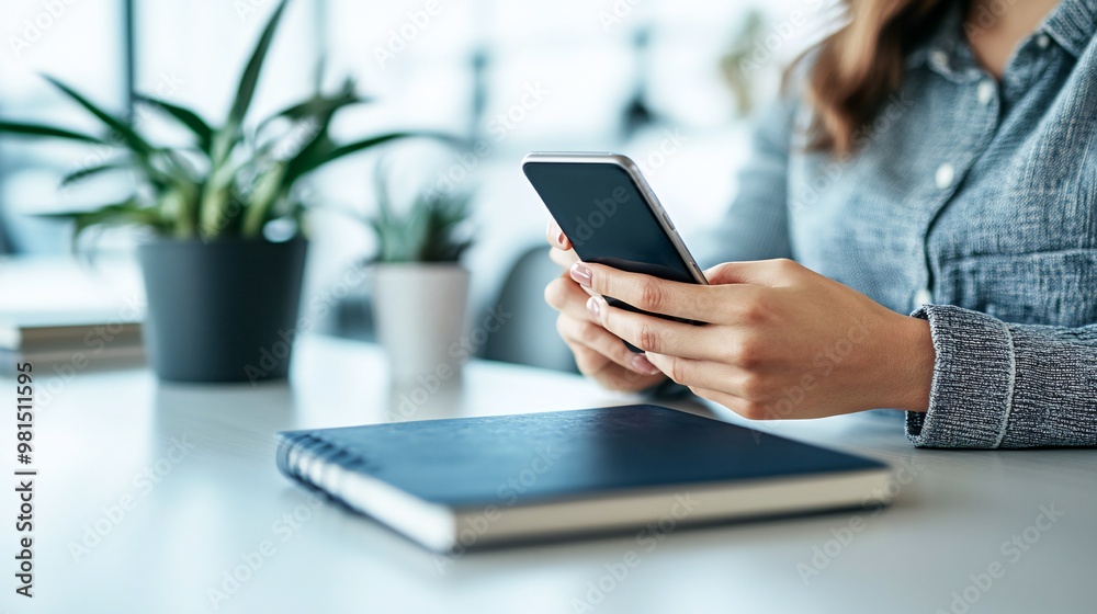 A woman sits at a desk with her phone in her hands, with a notebook and plant in the background. A woman sits at a desk with her phone in her hands, with a notebook and plant in the background.