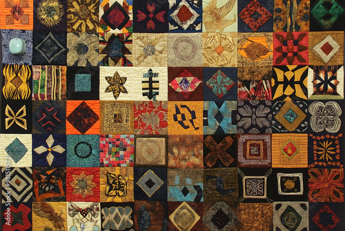 An intricate quilt made up of patches representing different cultures and backgrounds