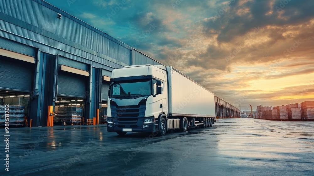 Truck parked in front of a bustling industrial logistics building, capturing the connection between transportation and warehouse operations in a large distribution network. Truck parked in front of a bustling industrial logistics building, capturing the connection between transportation and warehouse operations in a large distribution network.