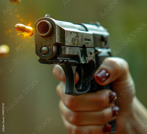 A man fires an empty pistol as a bullet exits, capturing the moment of action with vibrant greenery in the background photo