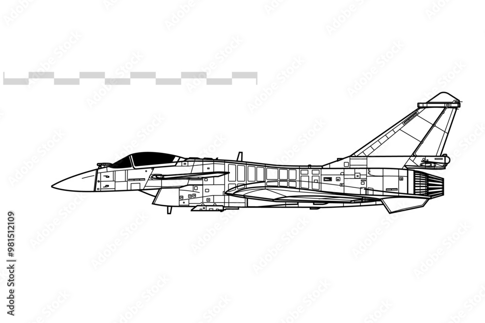 Chengdu J-10B Vigorous Dragon. Vector drawing of multirole combat aircraft. Side view. Image for illustration and infographics.