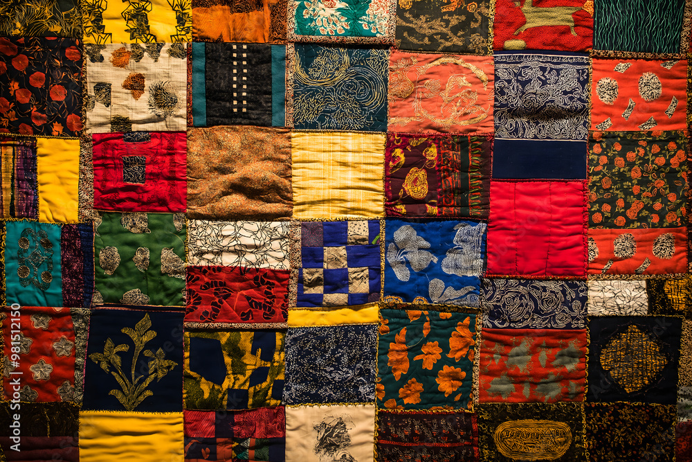 An intricate quilt made up of patches representing different cultures and backgrounds An intricate quilt made up of patches representing different cultures and backgrounds