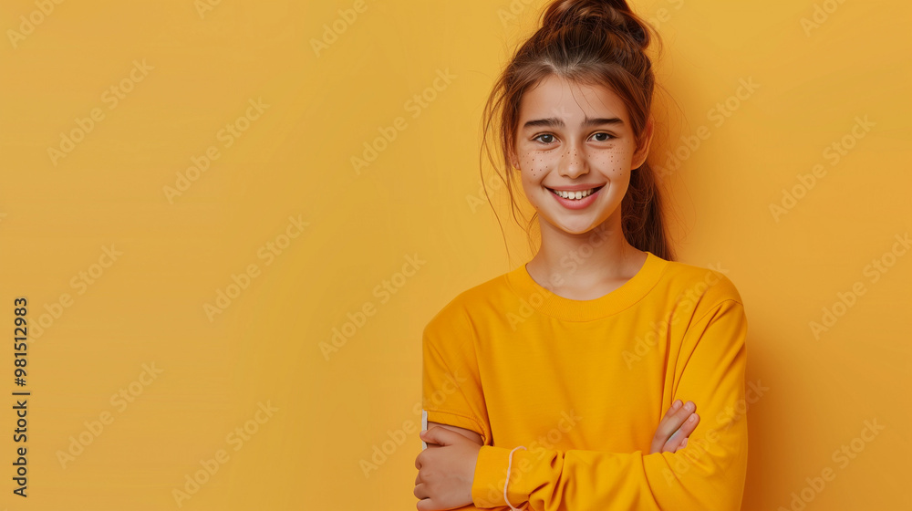 A young girl smiles confidently against a bright yellow background while wearing a casual yellow long-sleeve shirt, showcasing a joyful expression A young girl smiles confidently against a bright yellow background while wearing a casual yellow long-sleeve shirt, showcasing a joyful expression