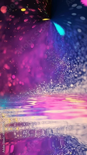 Colorful fantasy particles background reflected in water vertical video