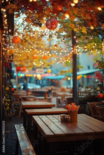 Cozy Outdoor Cafe with String Lights and Autumn Decorations in a Vibrant Evening Street Setting