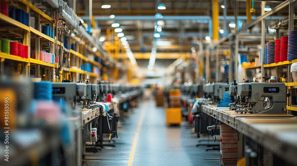 Modern Textile Manufacturing Facility with Automated Sewing Machines and Colorful Yarn Spools