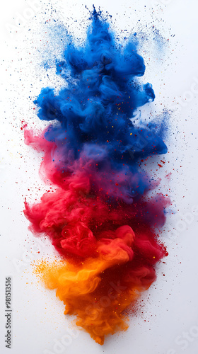 Colorful powder explosion isolated on a white background with red blue and yellow color smoke photo