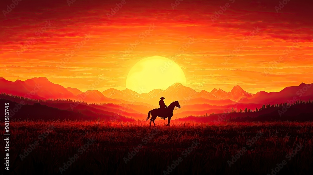 Silhouette of a cowboy riding a horse against a stunning sunset, framed by mountains and a warm, vibrant sky. Silhouette of a cowboy riding a horse against a stunning sunset, framed by mountains and a warm, vibrant sky.