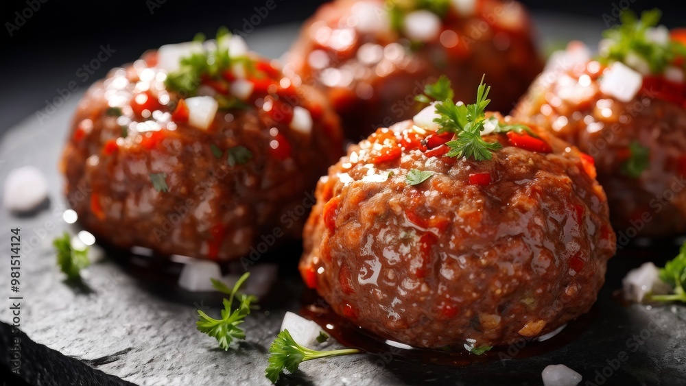Delicious Turkish meatballs on a stone plate.