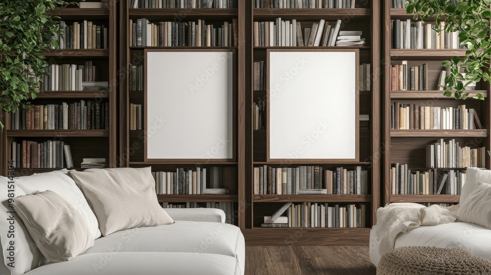 Blank wooden frames hang on a warm apartment wall, complemented by a white sofa and bookshelves filled with books, creating a cozy and inviting atmosphere Blank wooden frames hang on a warm apartment wall, complemented by a white sofa and bookshelves filled with books, creating a cozy and inviting atmosphere