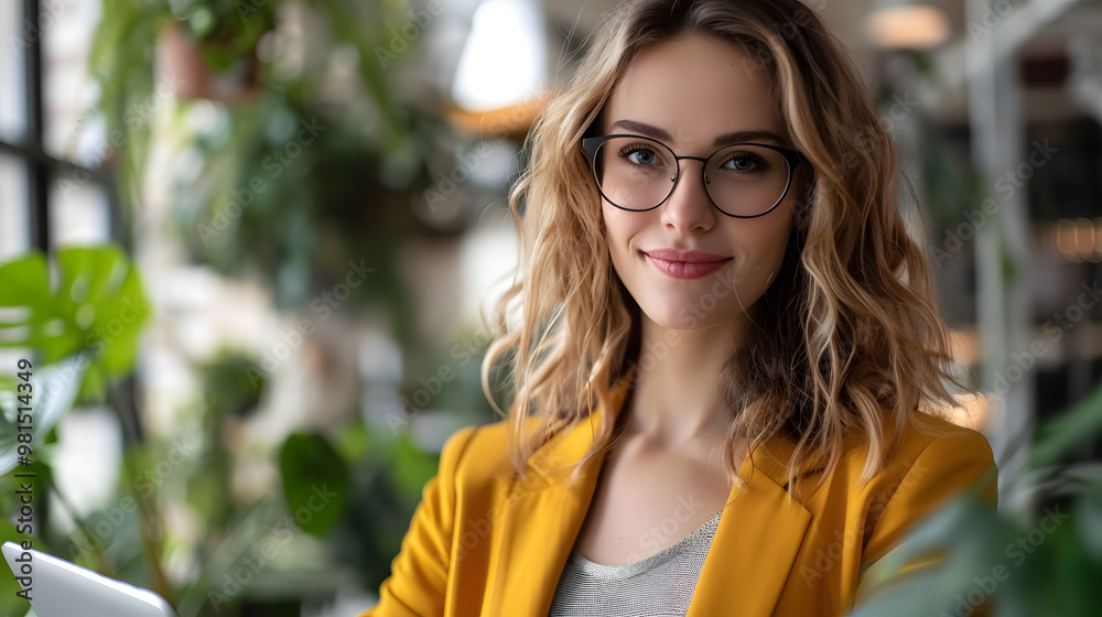 Portrait of happy businesswoman with touchpad in office looking at camera Portrait of happy businesswoman with touchpad in office looking at camera