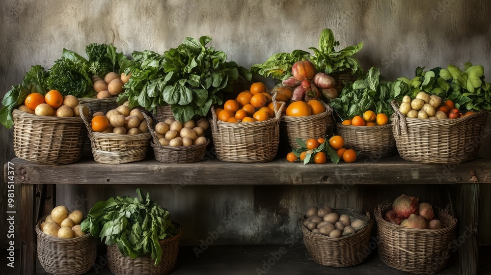wooden bench with baskets of potatoes and greens wooden bench with baskets of potatoes and greens