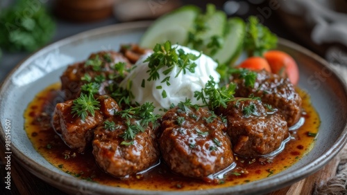 Delicious pieces of meat in a sauce with herbs and vegetables.