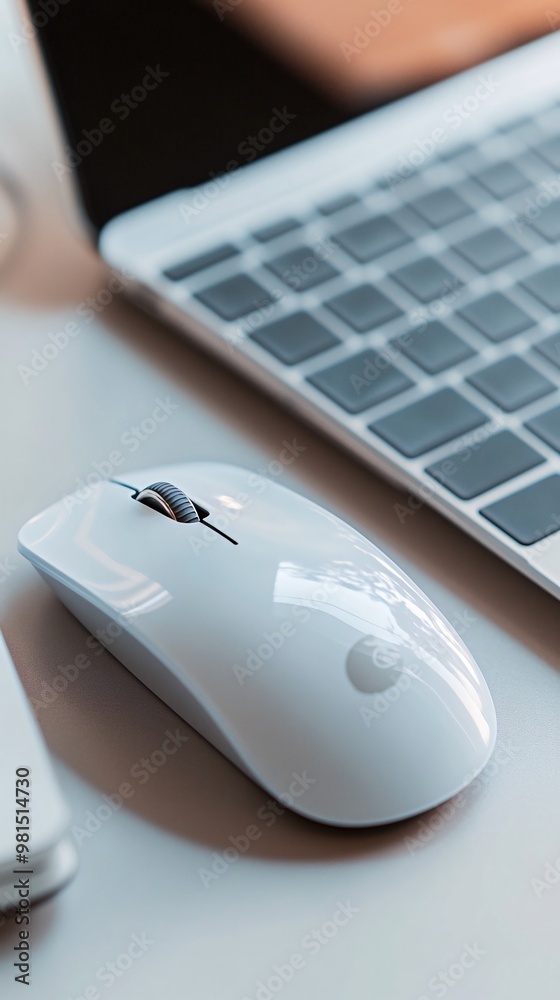 A white wireless computer mouse sits on a desk next to a laptop keyboard. A white wireless computer mouse sits on a desk next to a laptop keyboard.