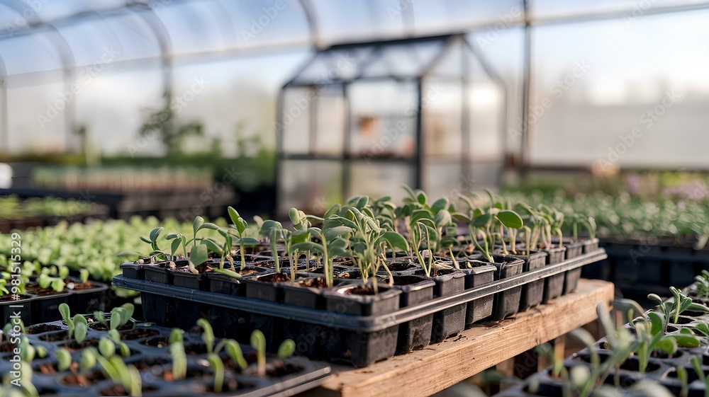Healthy Seedlings Flourishing in a Sunny Greenhouse, Basking in the Warmth and Natural Light, Ready to Grow into Abundant Plants, a Testament to the Power of Nature and Human Cultivation Healthy Seedlings Flourishing in a Sunny Greenhouse, Basking in the Warmth and Natural Light, Ready to Grow into Abundant Plants, a Testament to the Power of Nature and Human Cultivation