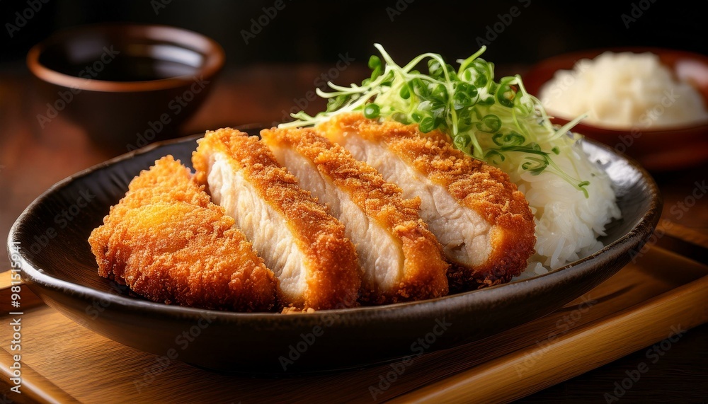 Delicious Japanese Tonkatsu deep fried pork cutlet with rice and side of salad; food photography; Japanese cuisine and Japanese Food; blurred background; selective focus; beautiful thick fried pork Delicious Japanese Tonkatsu deep fried pork cutlet with rice and side of salad; food photography; Japanese cuisine and Japanese Food; blurred background; selective focus; beautiful thick fried pork