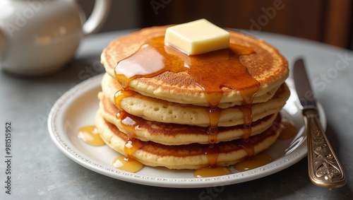 Indulgent butter melting on hot syrupy pancakes