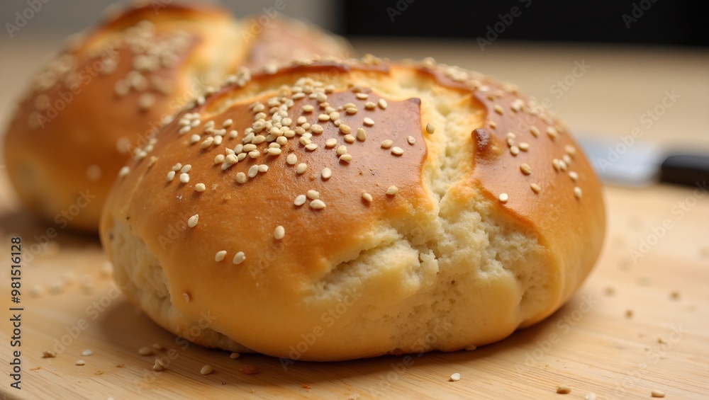 Freshly baked bread roll with sesame seeds on cutting board Freshly baked bread roll with sesame seeds on cutting board