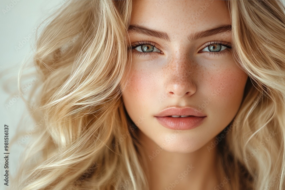 Close-up portrait of a beautiful young woman with long blonde hair and freckles. Close-up portrait of a beautiful young woman with long blonde hair and freckles.