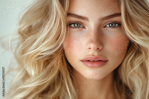 Close-up portrait of a beautiful young woman with long blonde hair and freckles.