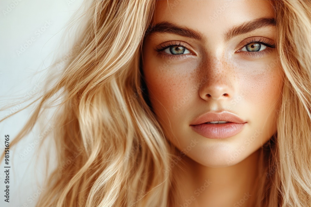 Fototapeta premium Close-up portrait of a young woman with blonde hair and blue eyes.