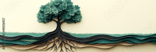 Minimalist Mental Health Awareness Banner Featuring a Healing Tree with Deep Roots and Layered Paper-Cut Design