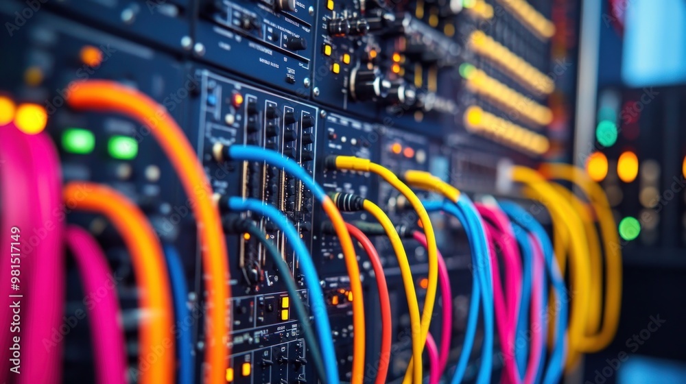 Colorful cables connected to a sound mixing board. Colorful cables connected to a sound mixing board.
