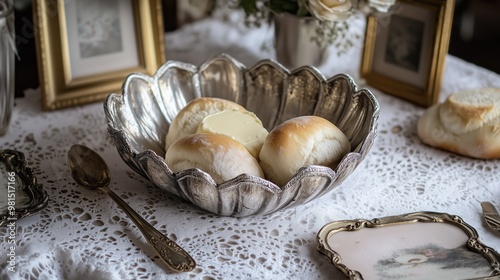 fresh bread with butter vintage silver-plated dish  photo