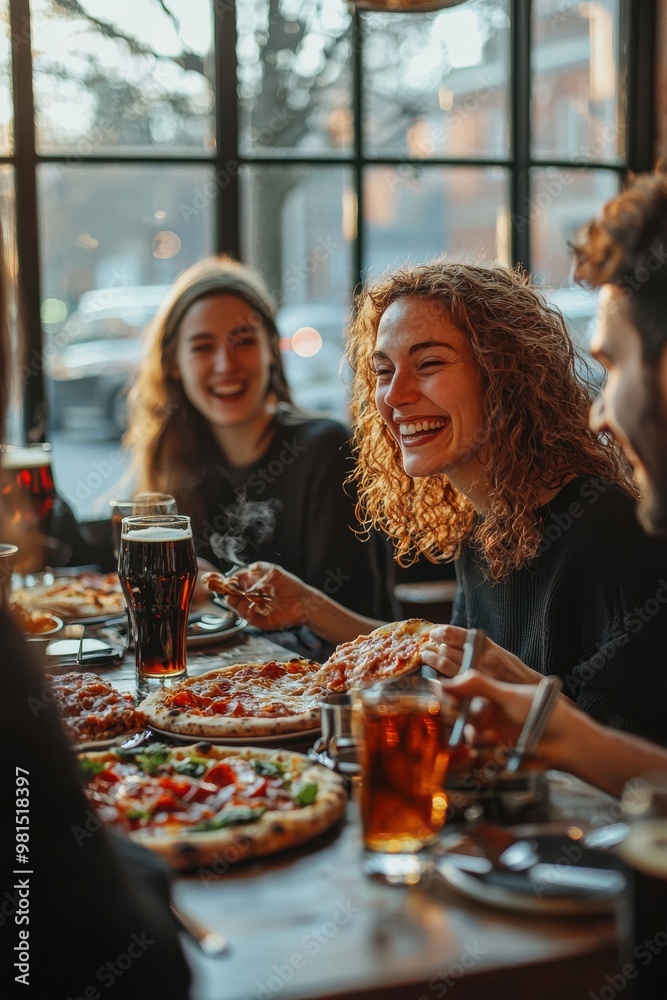 A group of friends laughing and enjoying pizza together at a cozy restaurant, creating joyful moments and fun memories. A group of friends laughing and enjoying pizza together at a cozy restaurant, creating joyful moments and fun memories.