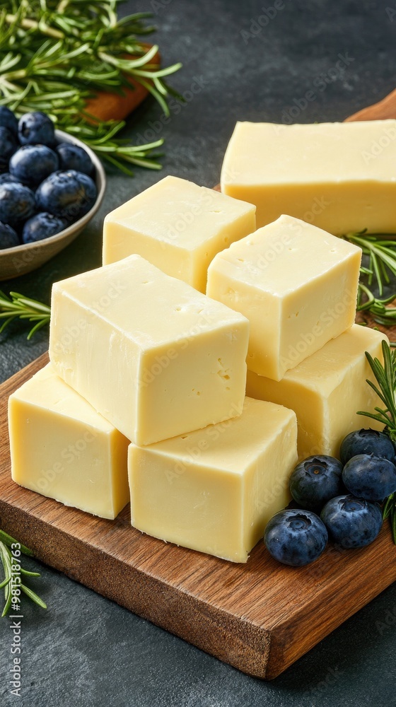 A delightful arrangement of blue cheese garnished with fresh blackberries and sprigs of rosemary, showcasing vibrant colors on a rustic wooden board