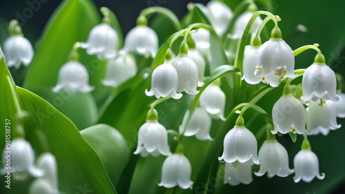 White bouquet of flowers with green stems and white flowers. Silver cherry blossom, lily of the valley, high definition
