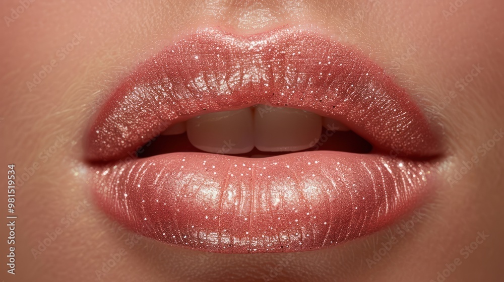 Trendy glossy lips with shimmering effect in a close-up during a makeup session Trendy glossy lips with shimmering effect in a close-up during a makeup session