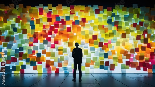 Wallpaper Mural A vivid, realistic portrayal of a person standing amidst a room covered in an array of colorful post-it notes, with a touch of abstract surrealism and lightbox effects Torontodigital.ca