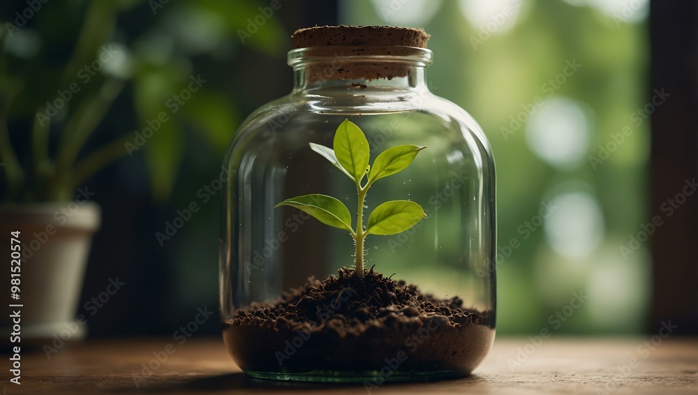 Plant growing inside a glass bottle, representing growth and sustainability. Plant growing inside a glass bottle, representing growth and sustainability.