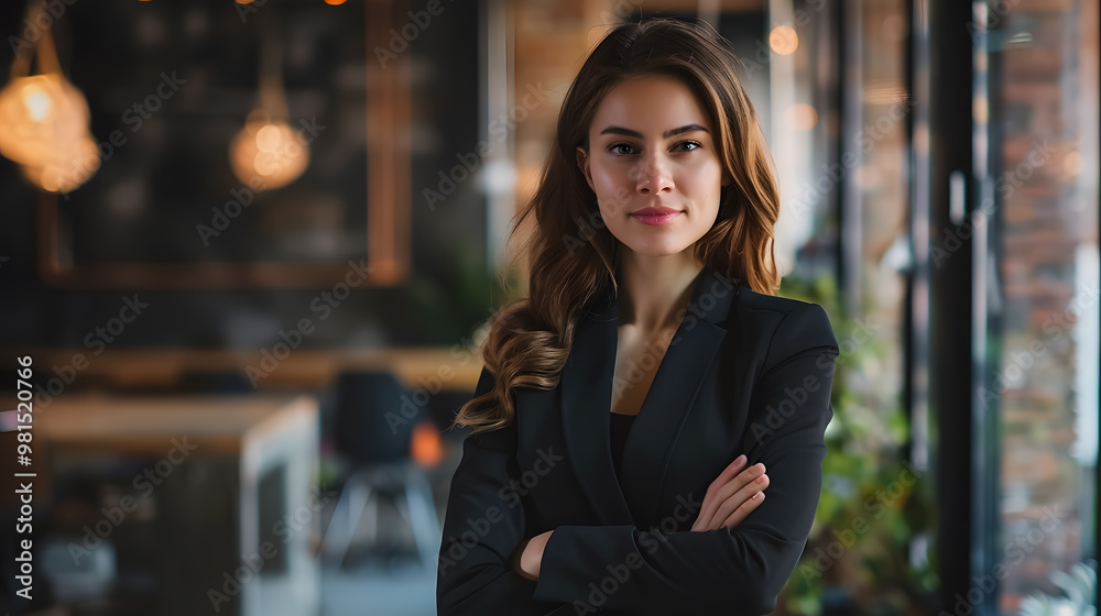 Fototapeta premium Portrait of successful business woman inside office, standing with arms crossed
