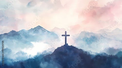 Watercolor illustration of a cross on a mountain, with soft, muted tones capturing the peaceful and spiritual atmosphere.for spiritual artwork or card designs.generative ai. Muted Tones. Illustration photo