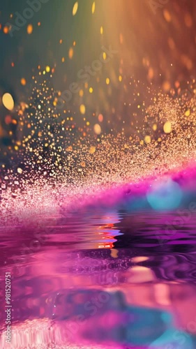 Colorful fantasy particles background reflected in water vertical video