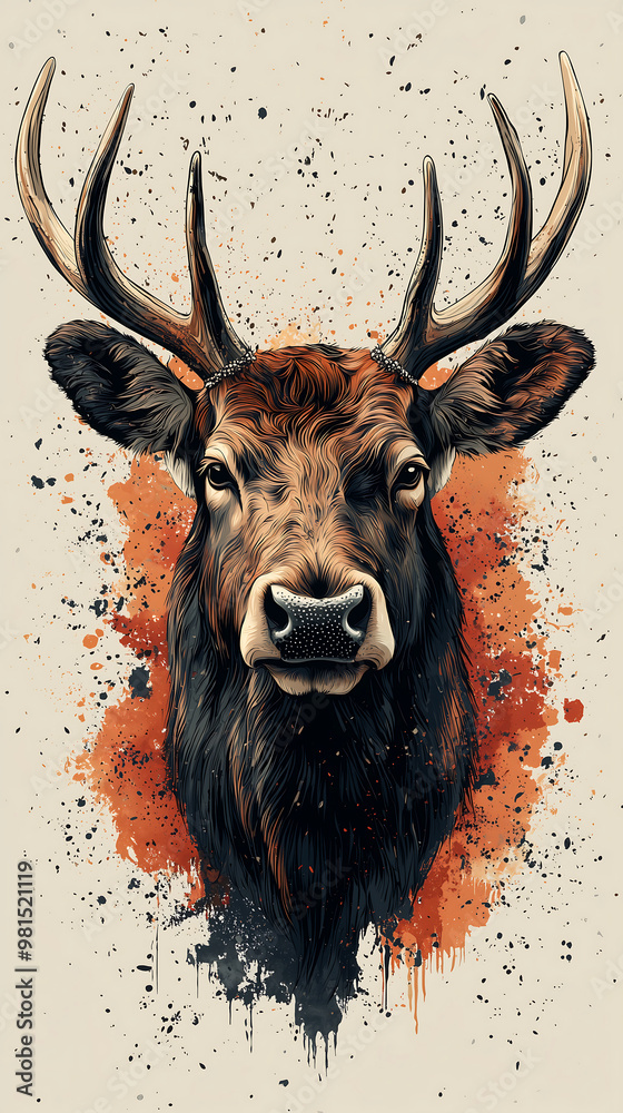 Vector illustration of an elk head front view with watercolor splashes ...