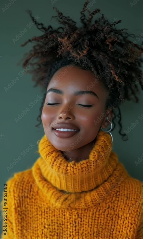 A woman with curly hair is wearing a yellow sweater and smiling. She is relaxed and content