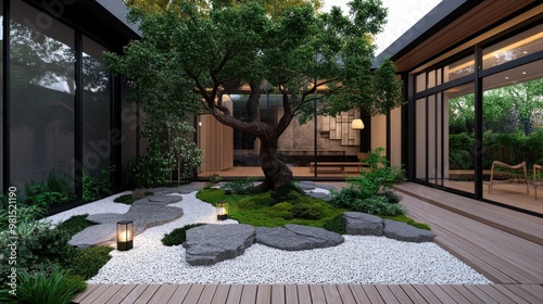 A modern courtyard features large stones, lush greenery, a striking oversized tree, and soft lantern lighting, evoking a peaceful ambiance and connection to nature photo