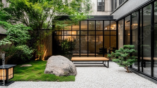 A modern courtyard features large stones, lush greenery, a striking oversized tree, and soft lantern lighting, evoking a peaceful ambiance and connection to nature. photo