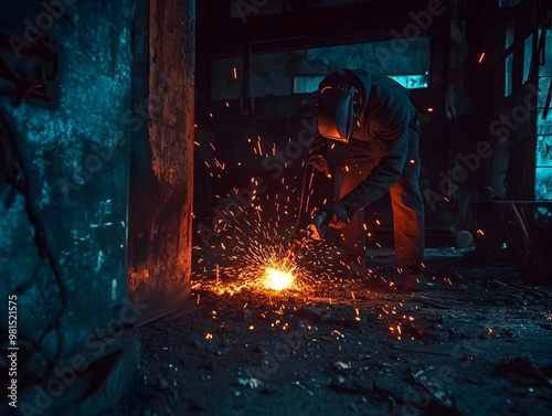 Cascading Sparks from Welding Torch in Rugged Artisan s Utilitarian Workshop with Moody Brutalist Lighting photo