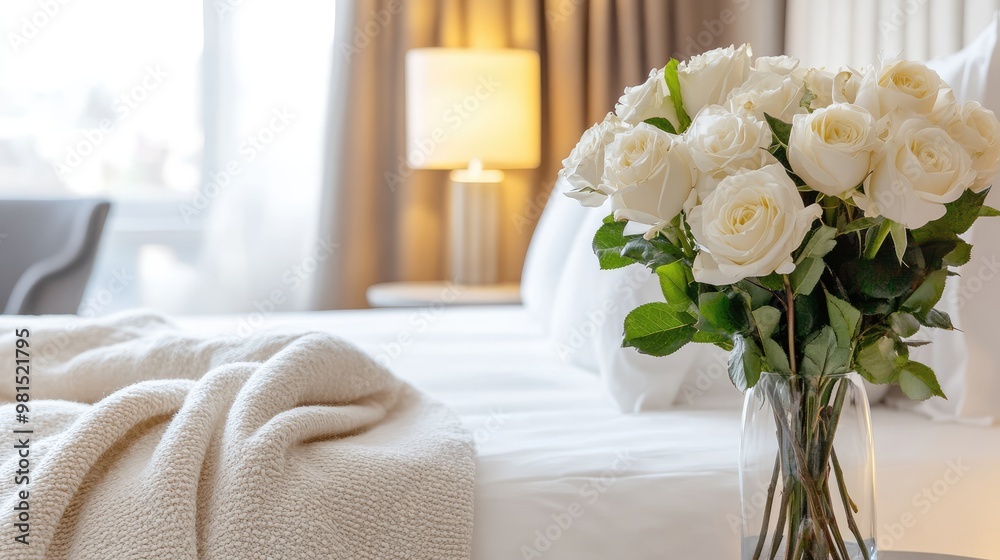 Luxurious bedroom with fresh white roses on bedside table. Elegant home decor with soft bedding and natural light. Interior design and relaxation concept. Luxurious bedroom with fresh white roses on bedside table. Elegant home decor with soft bedding and natural light. Interior design and relaxation concept.