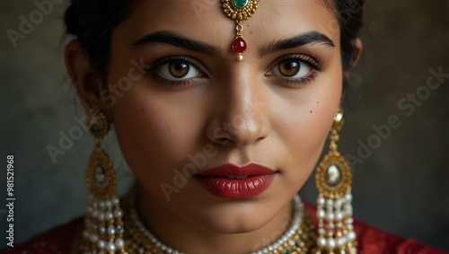 Portrait of an Indian woman in traditional makeup and jewelry.