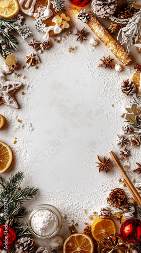 Christmas Baking Ingredients Border with Snowy Background 