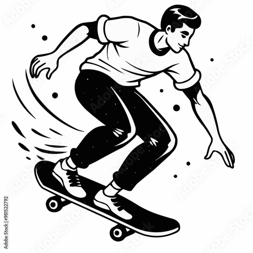 Skater riding with cool attitude on skateboard with abstract elements in black and white
